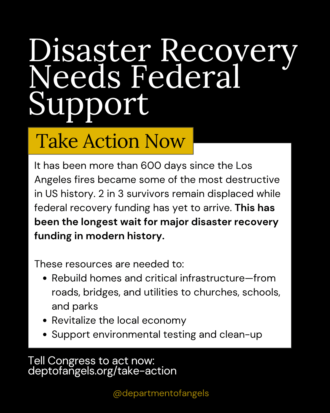 Campaign graphic for Instagram: Disaster Recovery Needs Federal Support.