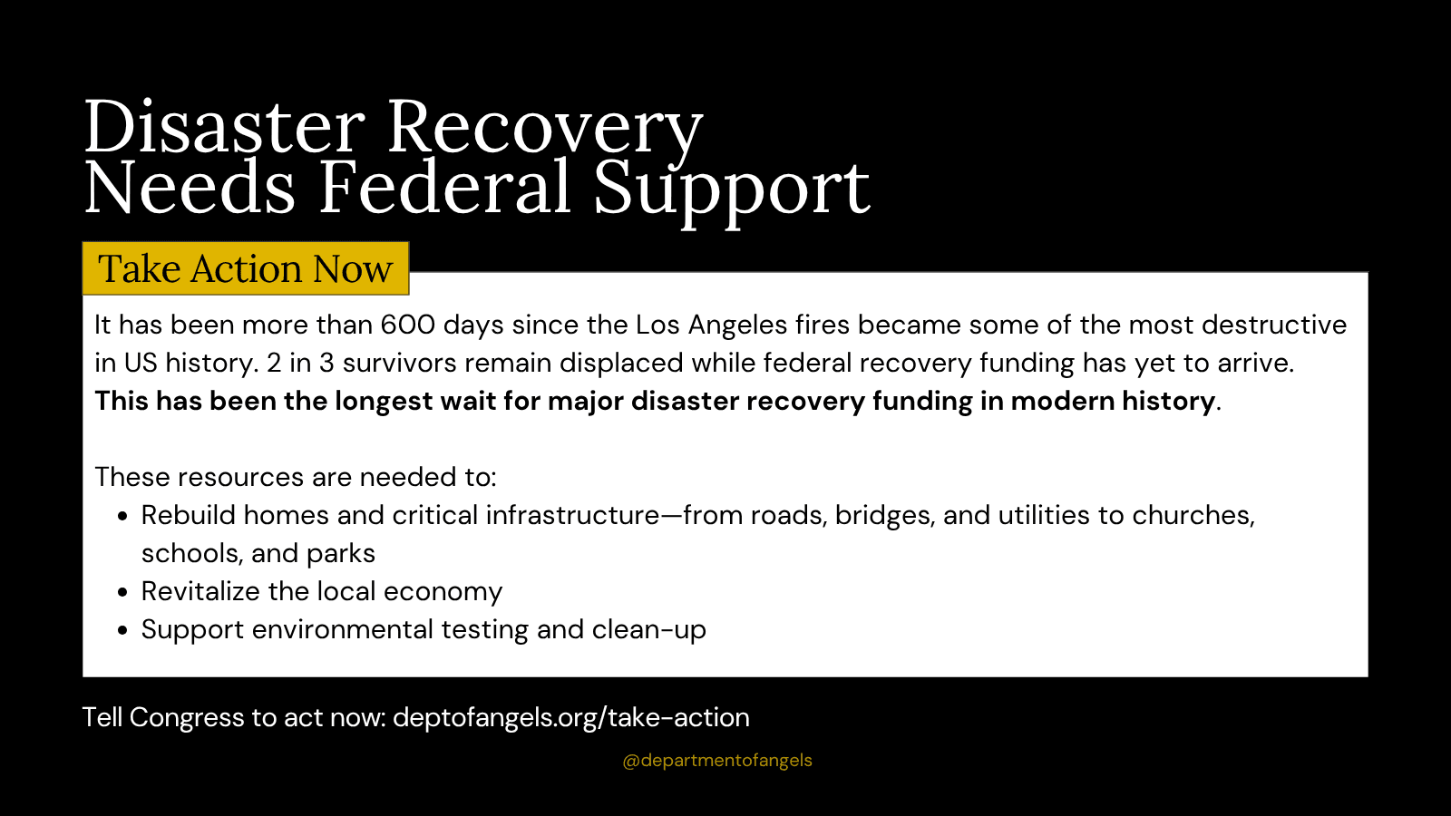 Campaign graphic for X: Disaster Recovery Needs Federal Support.